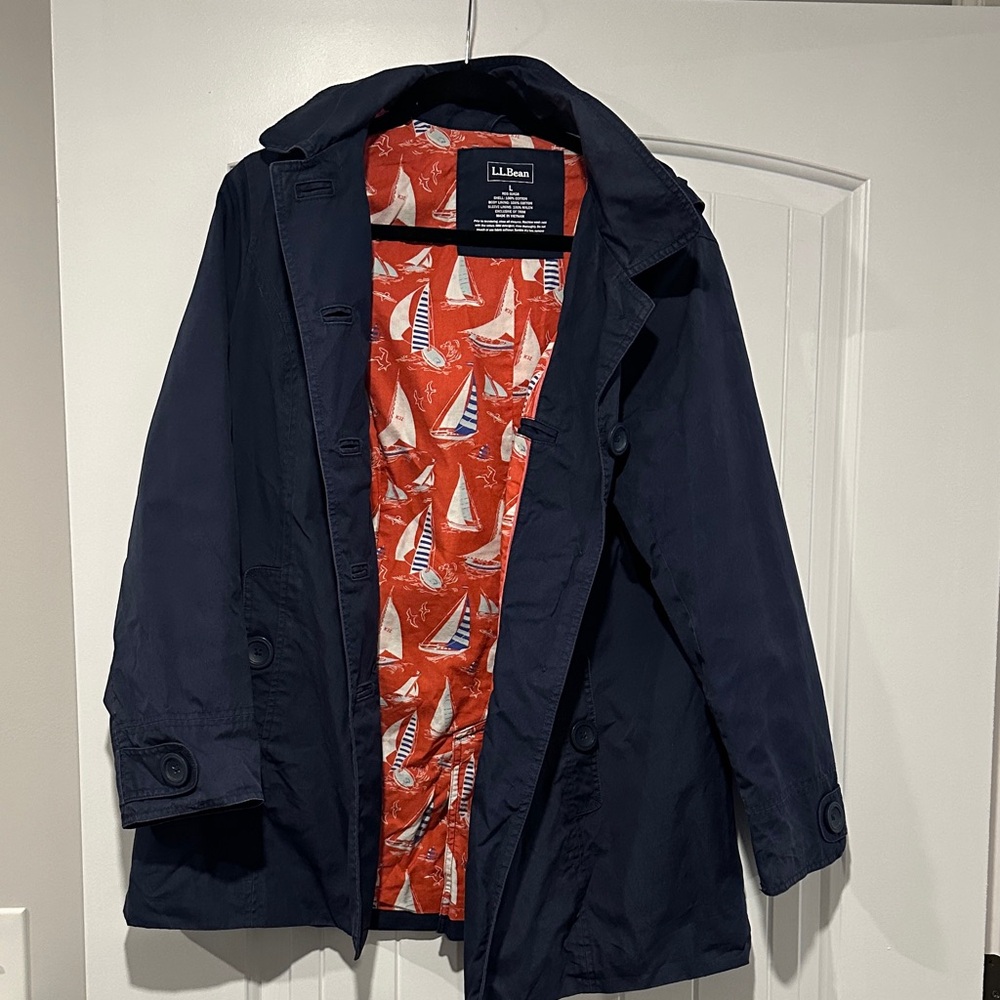 L.L. Bean Vintage Womens Dark Blue Button up Jacket with Red Sailboat Lining